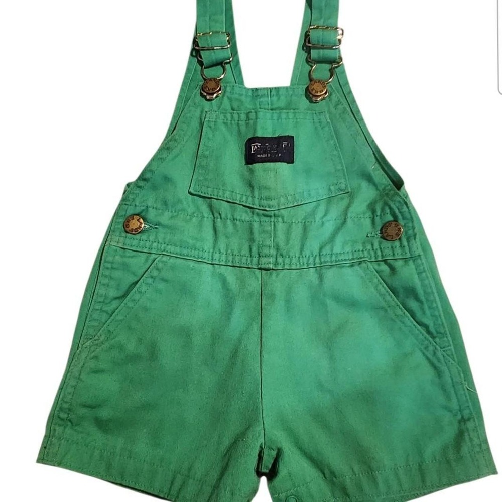 VTG Overalls Lands End Kids Lime Green Cotton Shortalls 90s Made in USA 2T